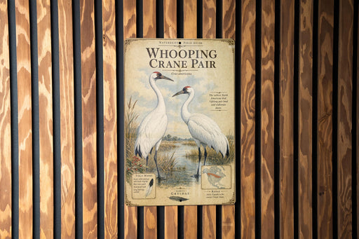 The image is a poster for "Whooping Crane Pair" featuring illustrations of two white cranes standing in a field near a body of water.