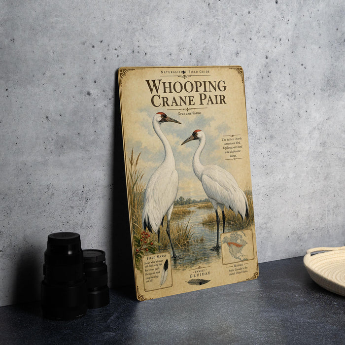 a field guide to the Whooping Crane, with illustrations of the crane and text providing information about the species.