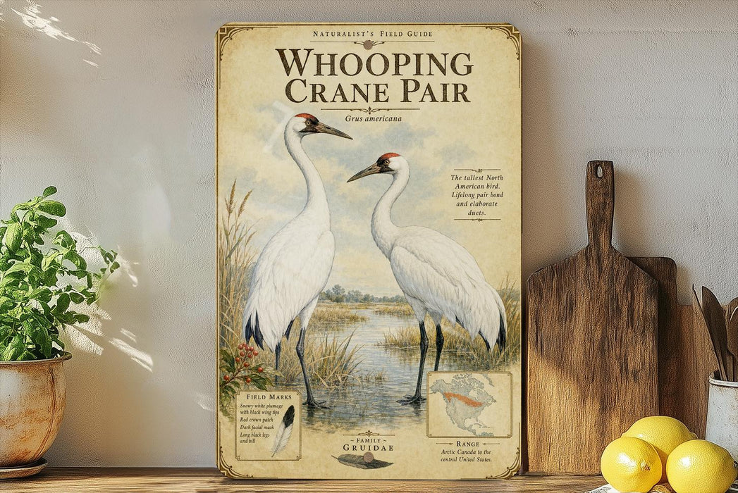 a vintage-style field guide to the Whooping Crane, with illustrations of the crane and text providing information about the species.