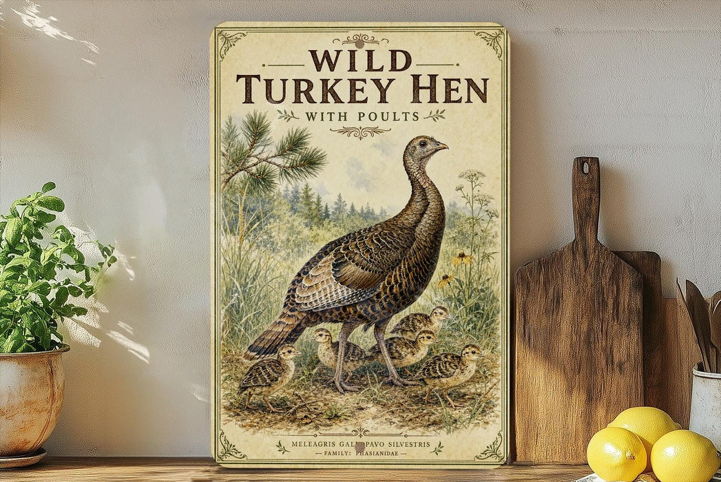 a vintage-style poster of wild turkeys with poulets, displayed on a wall next to a wooden cutting board and some potted plants.