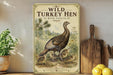 a vintage-style poster of wild turkeys with poulets, displayed on a wall next to a wooden cutting board and some potted plants.