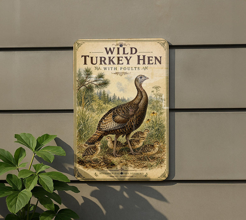 A metal sign with a turkey and its young, surrounded by greenery, is mounted on a wall.