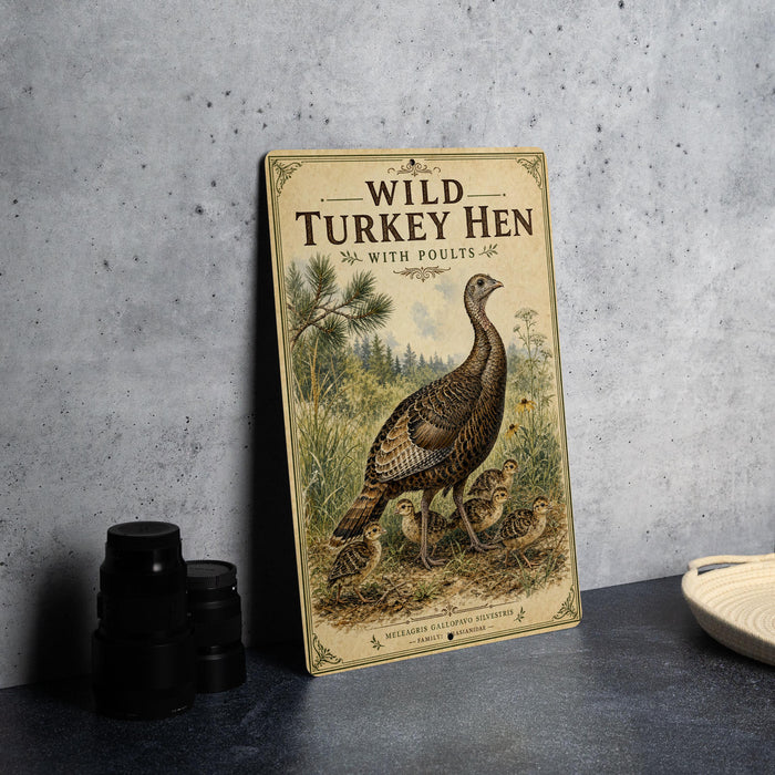 a vintage-style metal sign with an illustration of wild turkeys, accompanied by text that reads "Wild Turkey Hen with Poults".