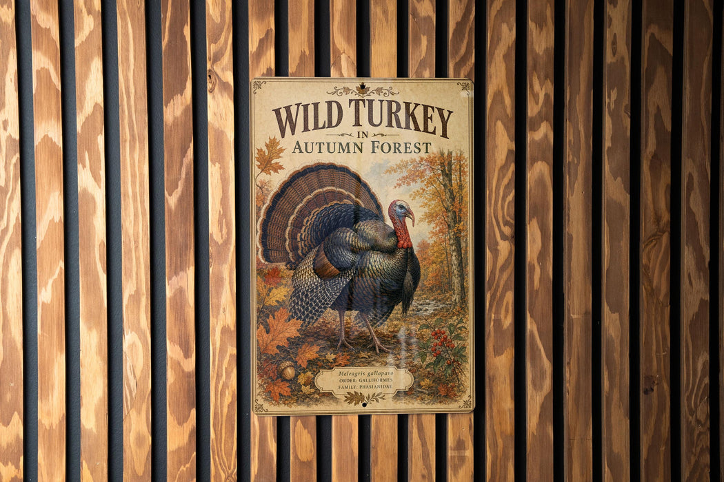 A vintage-style poster of a wild turkey in an autumn forest, displayed on a wooden wall.