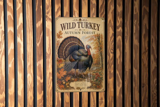 A vintage-style poster of a wild turkey in an autumn forest, displayed on a wooden wall.