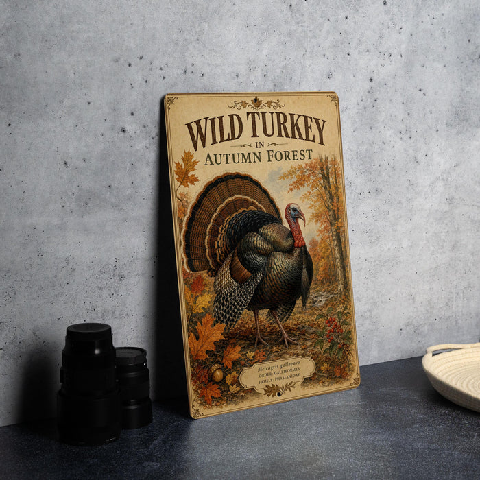 a wooden sign with a turkey illustration, placed on a table next to some black camera lenses.