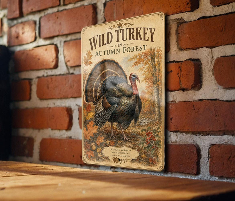 A vintage-style metal sign featuring a turkey in an autumn forest setting, mounted on a brick wall.