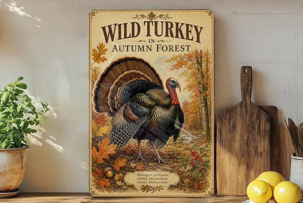 A vintage-style sign with the text "WILD TURKEY IN AUTUMN FOREST" and an illustration of a turkey in a forest setting.
