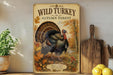 A vintage-style sign with the text "WILD TURKEY IN AUTUMN FOREST" and an illustration of a turkey in a forest setting.