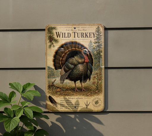 a vintage-style sign depicting a wild turkey, mounted on a wall next to a plant.