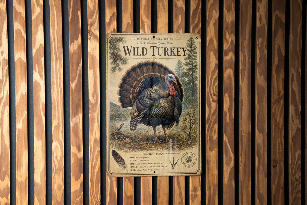 A vintage-style metal sign featuring a detailed illustration of a wild turkey, mounted on a wooden wall.
