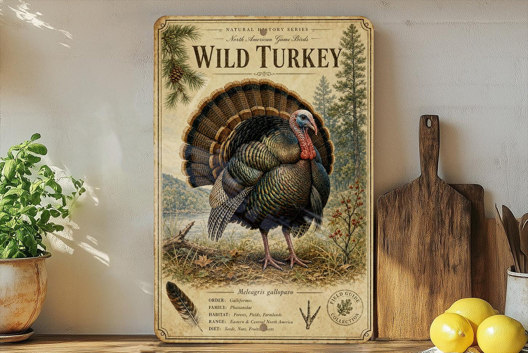 a wooden sign with a detailed illustration of a wild turkey, surrounded by various natural elements such as pine trees and a bird feeder.