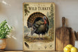 a wooden sign with a detailed illustration of a wild turkey, surrounded by various natural elements such as pine trees and a bird feeder.