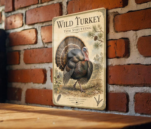 A vintage-style metal sign featuring a detailed illustration of a wild turkey, mounted on a brick wall.