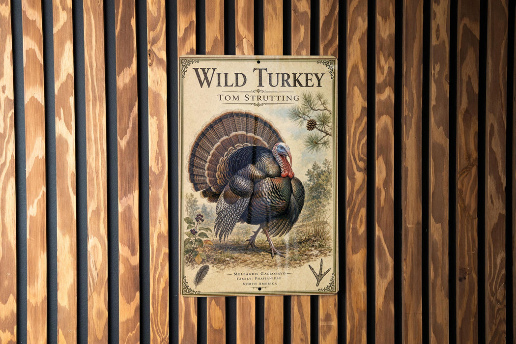 A vintage-style poster of a wild turkey is displayed on a wooden wall, featuring a detailed illustration of the turkey and its natural surroundings.