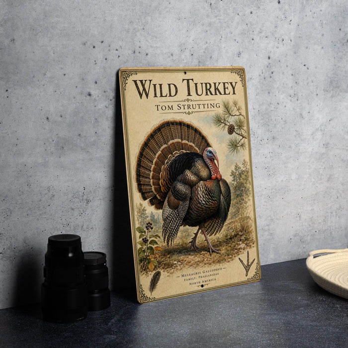 A wooden sign with a turkey illustration and text, placed on a gray countertop next to some black camera lenses.