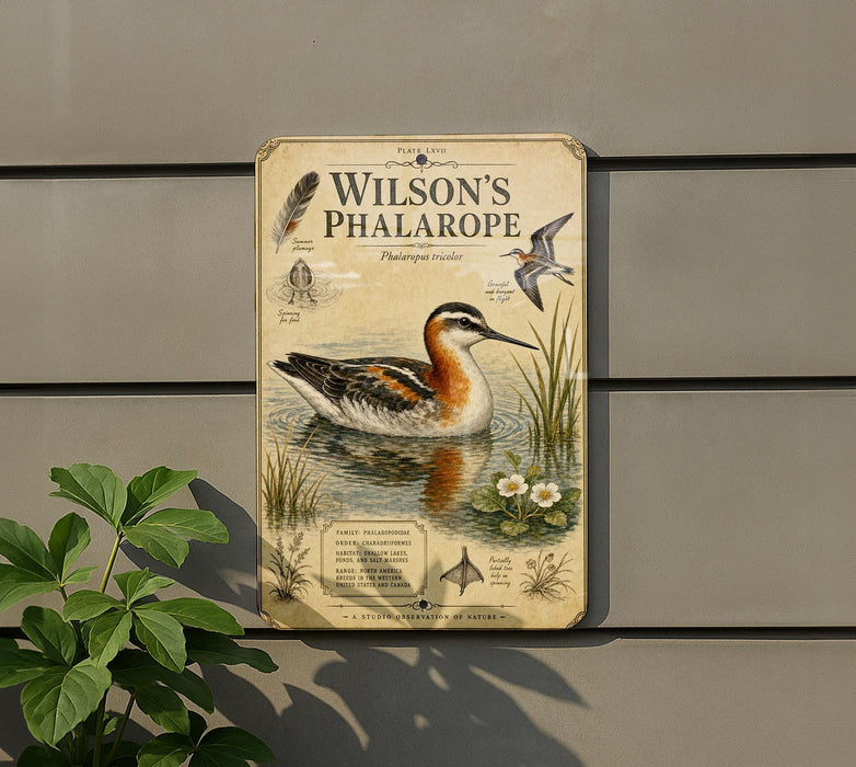 A metal plaque with illustrations and text about Wilson's Phalarope, a type of wading bird, mounted on a wall.