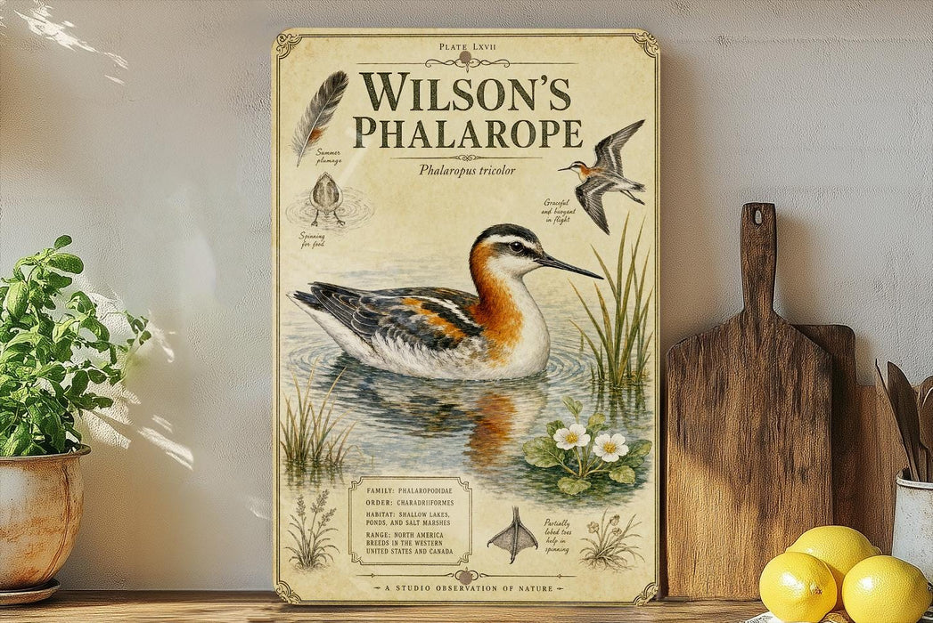 A vintage-style poster of Wilson's Phalarope, a type of wading bird, is displayed on a wall next to a wooden cutting board and some potted plants.