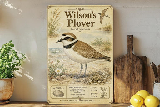 A vintage-style poster of a Wilson's Plover, a small shorebird, is displayed on a shelf next to a wooden cutting board and some potted plants.