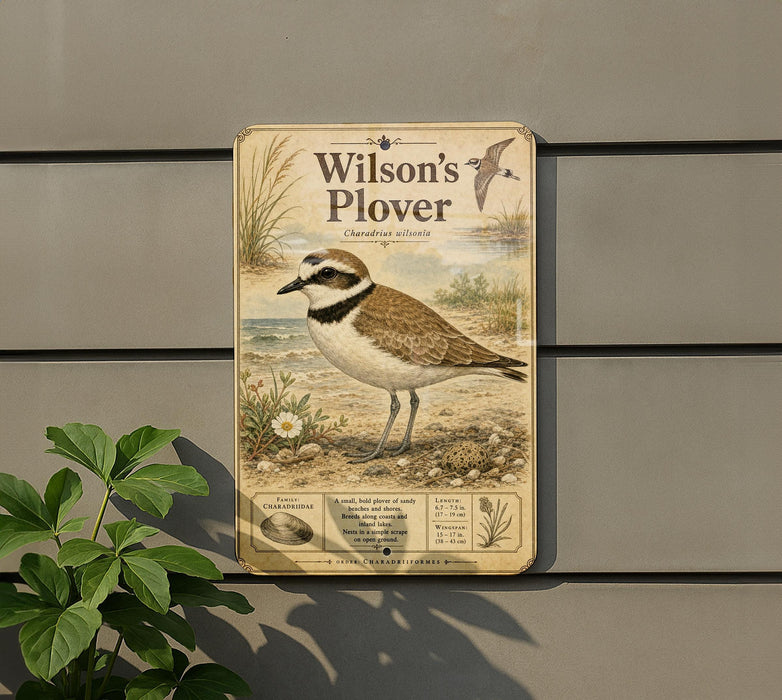 A metal sign with an illustration of a bird, likely a sandpiper, standing on a beach. The sign is mounted on a wall and features text and an illustration of the bird.