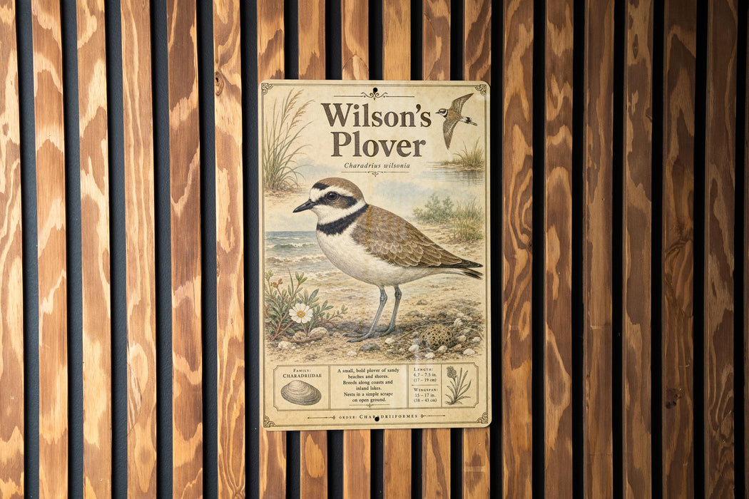 A vintage-style poster of a bird, likely a sandpiper, is displayed on a wooden wall.