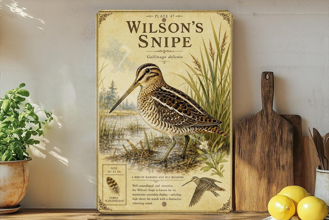A vintage-style illustration of a Wilson's Snipe bird, with a label indicating it is a species of marsh bird and a description of its features.