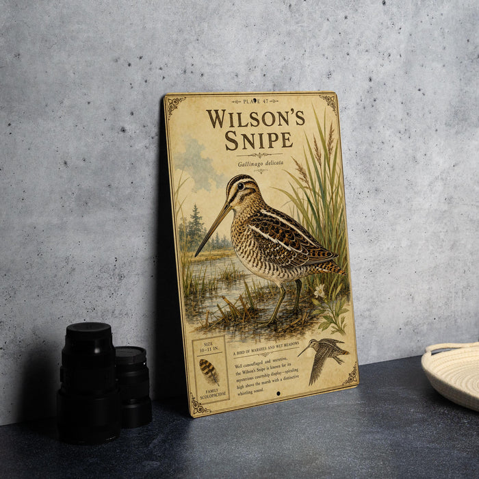 A vintage-style metal plaque featuring an illustration of a bird, likely Wilson's Snipe, standing in a natural setting.