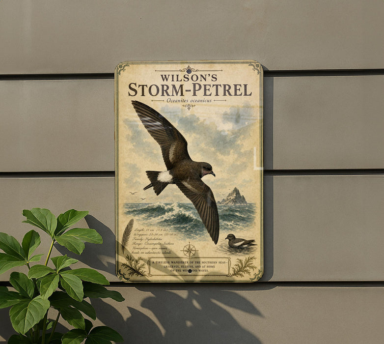 A vintage-style metal sign with a bird illustration and text, mounted on a wall next to a plant.