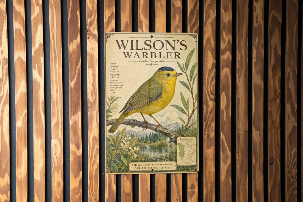 A vintage-style poster of a yellow warbler bird is displayed on a wooden wall.