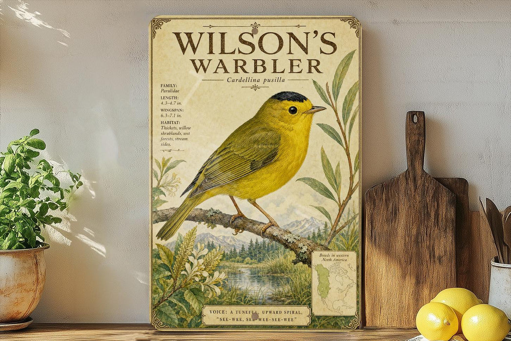 A vintage-style poster of a yellow warbler bird is displayed on a shelf, accompanied by a wooden cutting board and some potted plants.