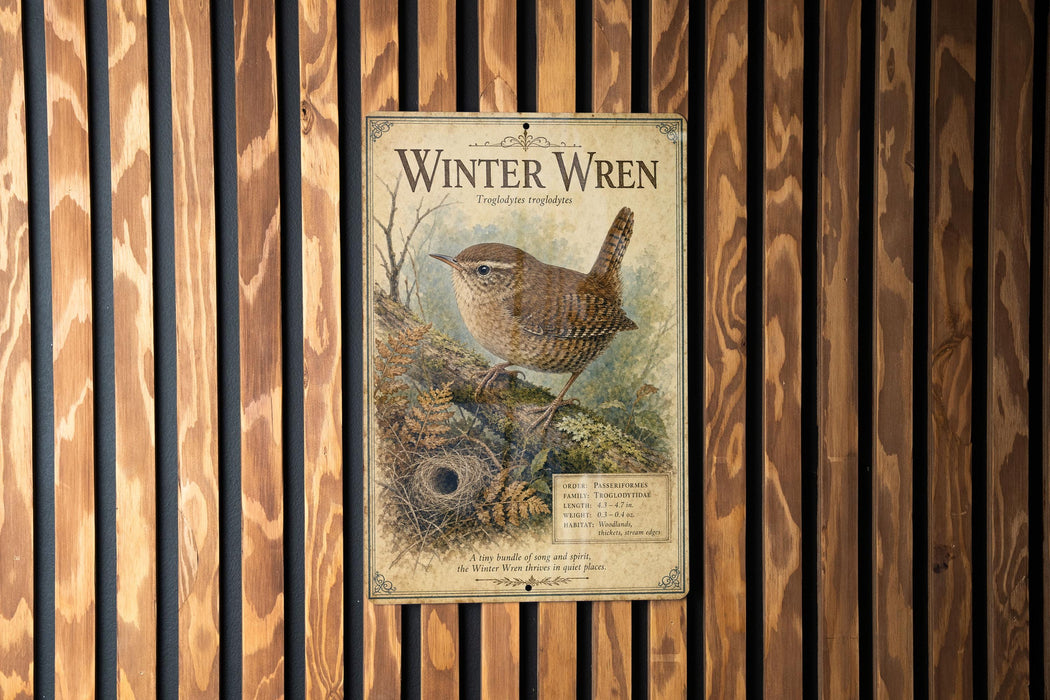 A vintage-style poster of a small brown bird, likely a wren, perched on a branch, is displayed on a wooden wall.