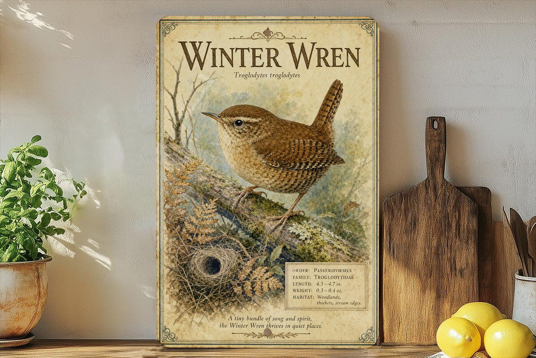 A vintage-style poster of a small brown bird, likely a wren, perched on a branch with a detailed illustration of the bird and its natural habitat. The poster is displayed on a wall, surrounded by various kitchen items such as a wooden cutting board, a potted plant, and a bowl of fruit.
