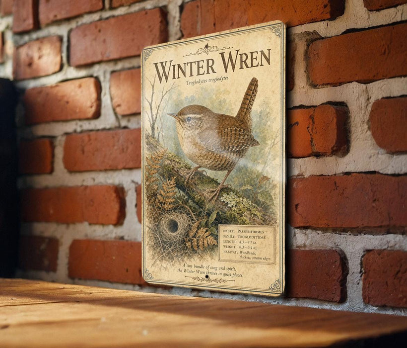 A vintage-style metal sign with a bird illustration is mounted on a brick wall.