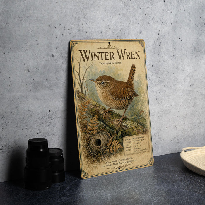 A vintage-style metal sign with a bird illustration and text, placed on a gray countertop next to some black camera lenses.
