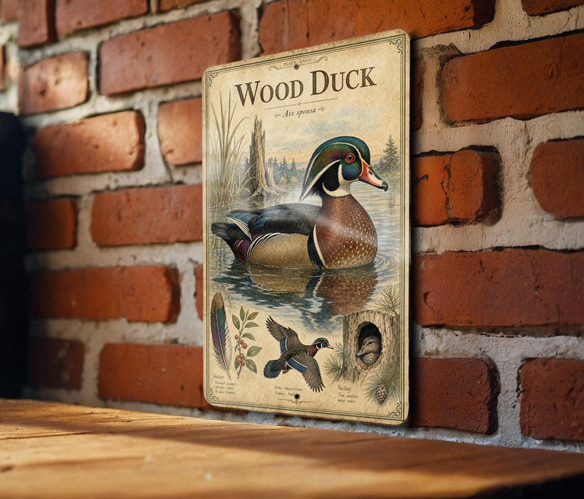 A vintage-style metal sign featuring a wood duck illustration is mounted on a brick wall.
