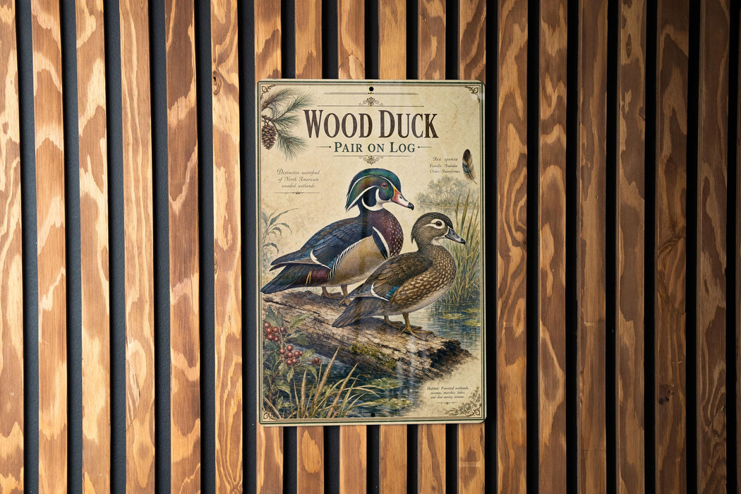 A vintage-style metal sign with an illustration of two wood ducks on a log, mounted on a wooden wall.