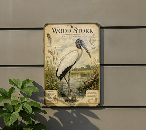 A vintage-style metal sign featuring a wood stork, a large wading bird, standing in a marshy area with tall grass and plants.