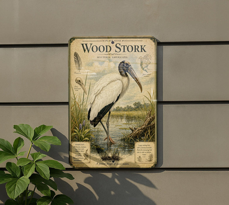 A vintage-style metal sign featuring a wood stork, a large wading bird, standing in a marshy area with tall grass and plants.