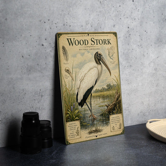 a vintage-style illustration of a wood stork standing in a grassy area near a body of water, with a plate of food and a camera on a table in the foreground.
