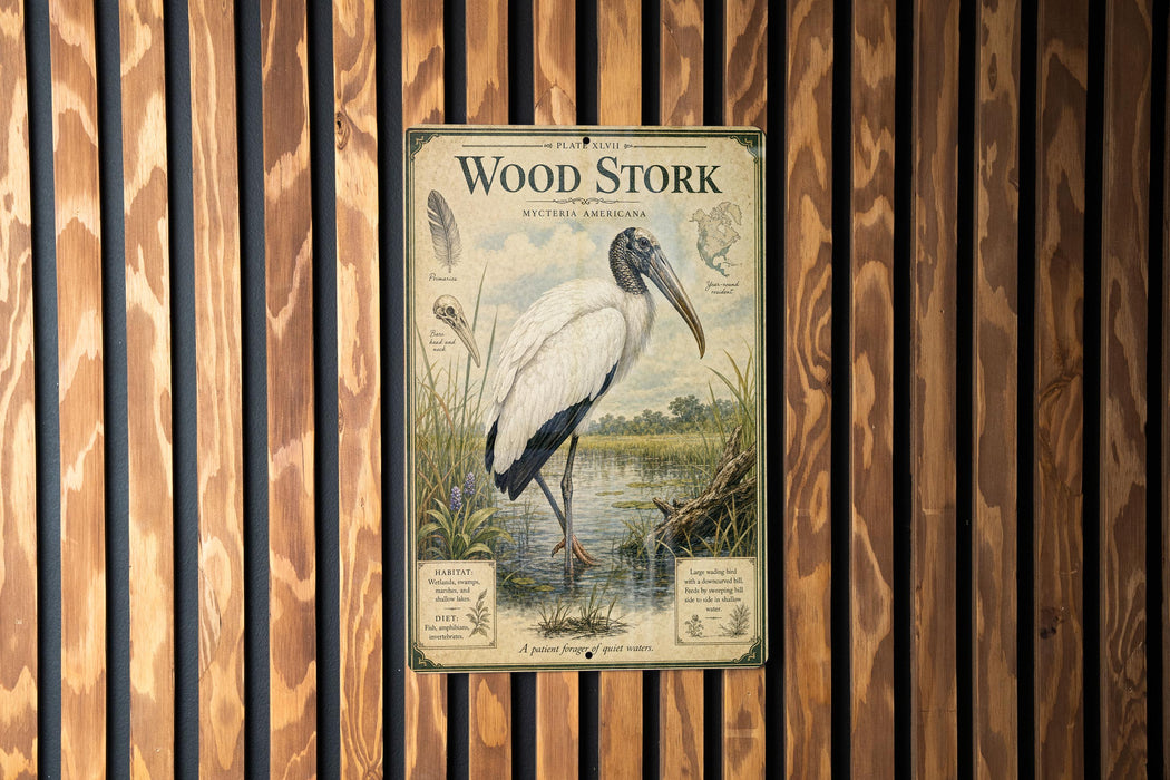 A vintage-style poster of a wood stork, featuring illustrations and text, is displayed on a wooden wall.