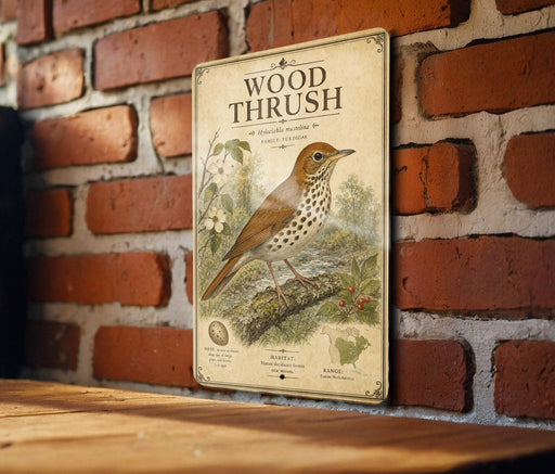 A vintage-style metal sign with a wood thrush illustration is mounted on a brick wall.