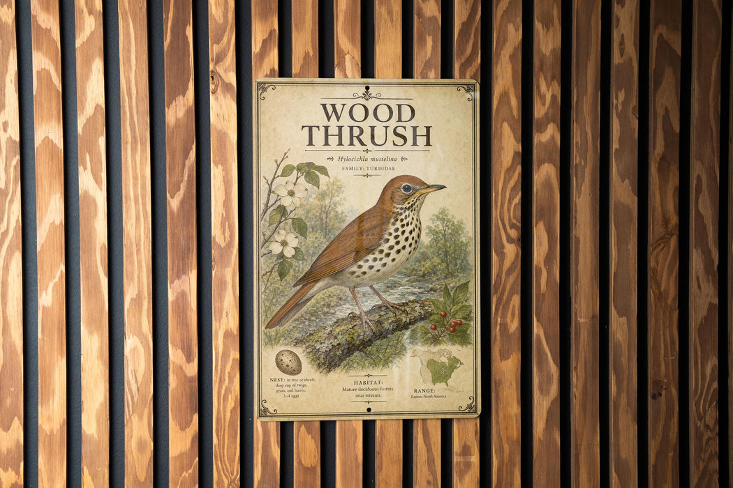A vintage-style poster of a wood thrush bird is displayed on a wooden wall.