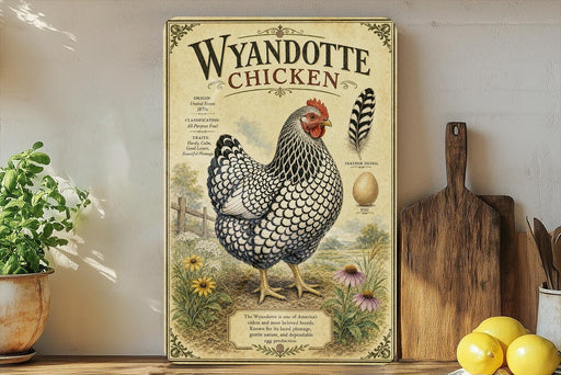 A vintage-style poster of Wyandotte chicken is displayed on a shelf, accompanied by a wooden cutting board, a potted plant, and some lemons.