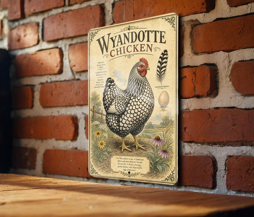 A vintage-style metal sign featuring an illustration of a Wyandotte chicken, mounted on a brick wall.