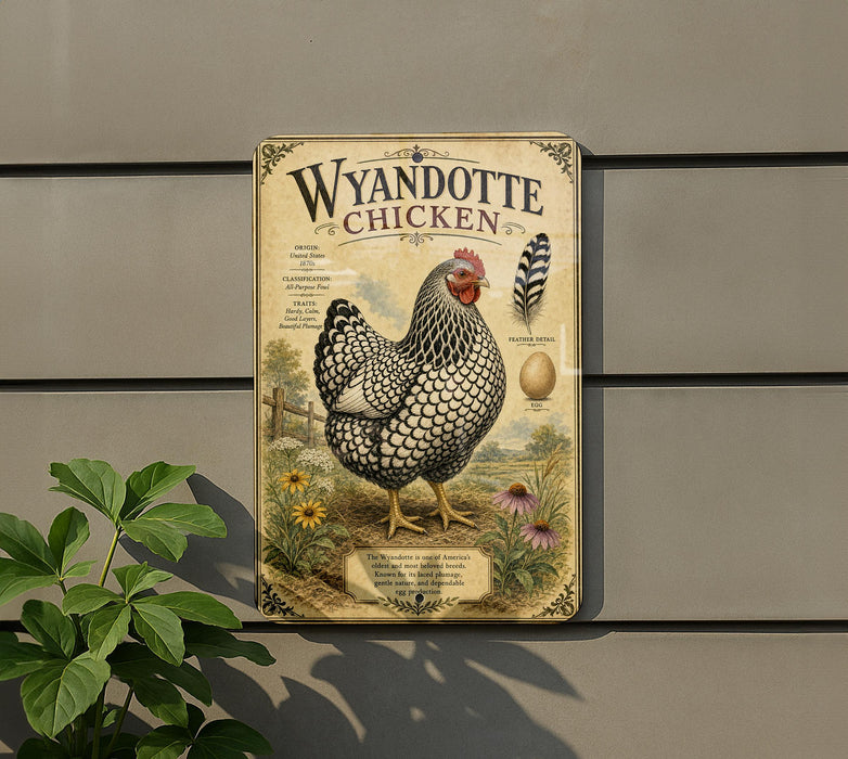 A vintage-style metal sign featuring an illustration of a Wyandotte chicken, with decorative text and a feather on the right side.
