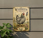 A vintage-style metal sign featuring an illustration of a Wyandotte chicken, with decorative text and a feather on the right side.