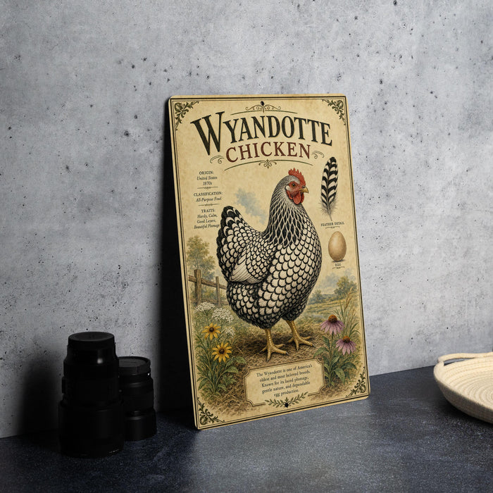 A vintage-style illustration of a Wyandotte chicken on a wooden board, accompanied by text and decorative elements, placed on a kitchen countertop.