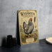 A vintage-style illustration of a Wyandotte chicken on a wooden board, accompanied by text and decorative elements, placed on a kitchen countertop.