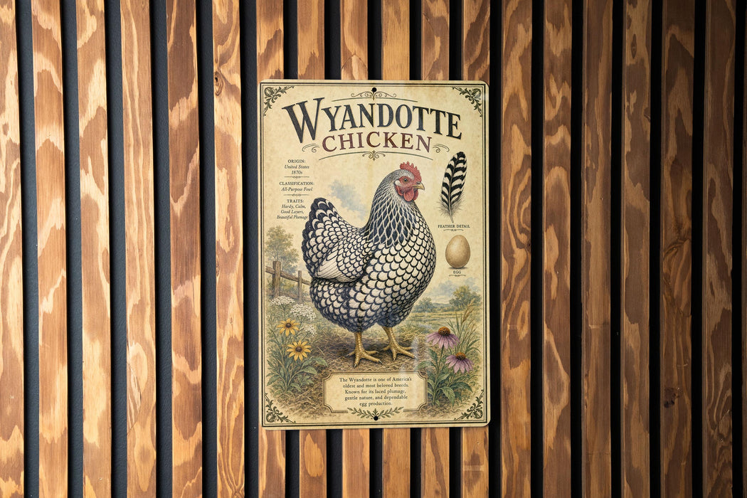 A vintage-style poster of Wyandotte chicken is displayed on a wooden wall.