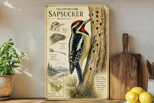 A framed illustration of a yellow-bellied sapsucker, a type of woodpecker, perched on a tree trunk. The illustration includes detailed illustrations of the bird's physical features and its natural habitat.